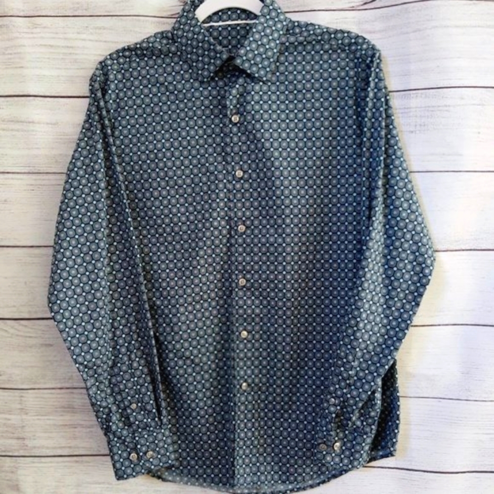 Men's Tasso Elba Button Up 100% Cotton Long Sleeve Shirt, S 14-14.5 inch Neck